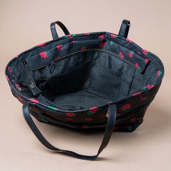 Kate Spade NY Chelsea Rose Toss Printed Black & Red Tote 100% Recycled Nylon - Picture 3 of 9